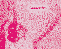Dithered Image of Cassandra in pink, Title Card for Cassandra